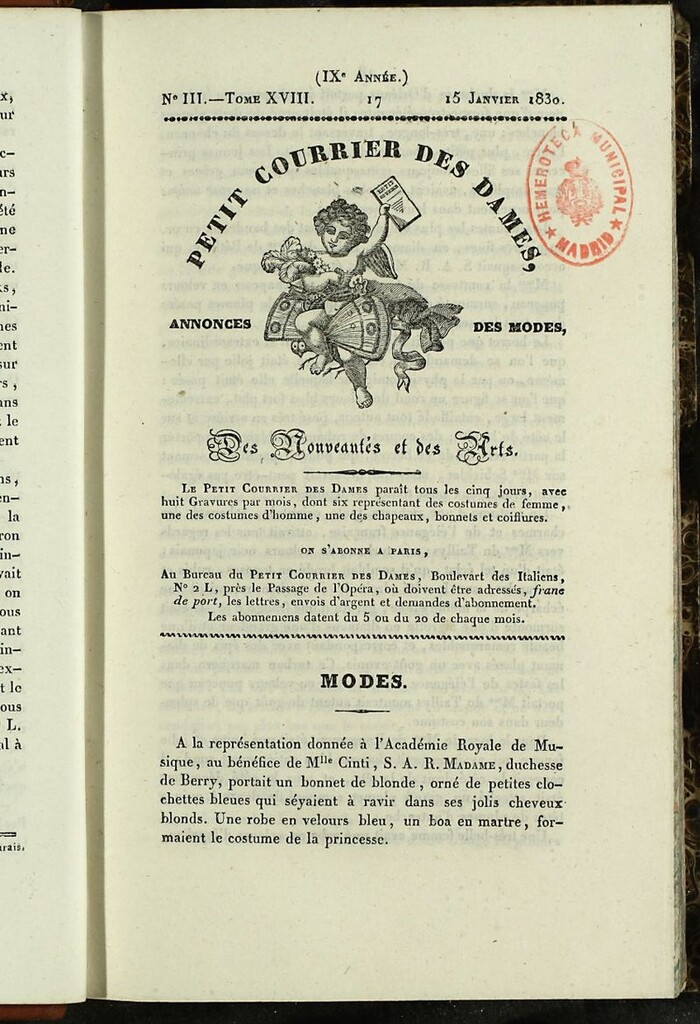 Miniatura de Petit Courrier des Dames : annonces des modes, des nouveautés et des arts del 15 de Enero de 1830