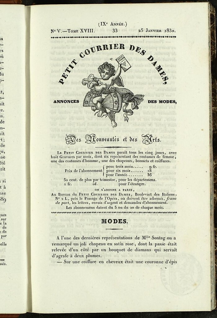 Miniatura de Petit Courrier des Dames : annonces des modes, des nouveautés et des arts del 25 de Enero de 1830