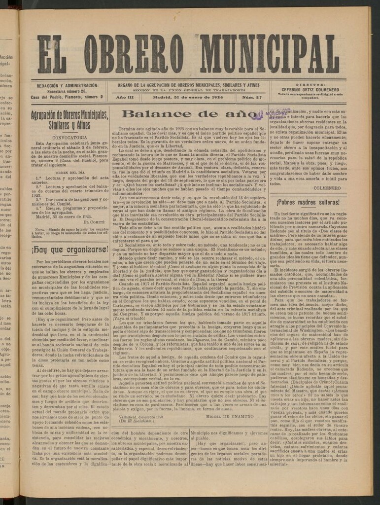 Miniatura de El Obrero Municipal : órgano de la Agrupación de Obreros Municipales, Similares y Afines del 31 de enero de 1924