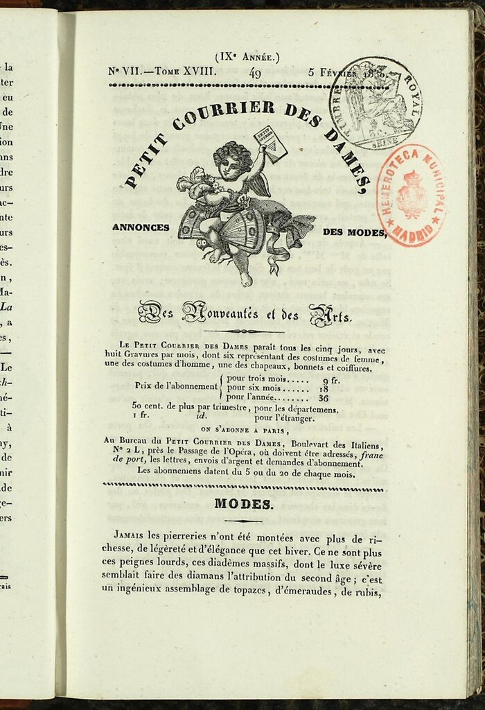 Miniatura de Petit Courrier des Dames : annonces des modes, des nouveautés et des arts del 5 de Febrero de 1830