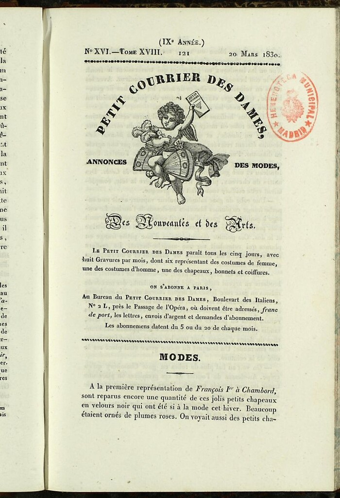 Miniatura de Petit Courrier des Dames : annonces des modes, des nouveautés et des arts del 20 de Marzo de 1830