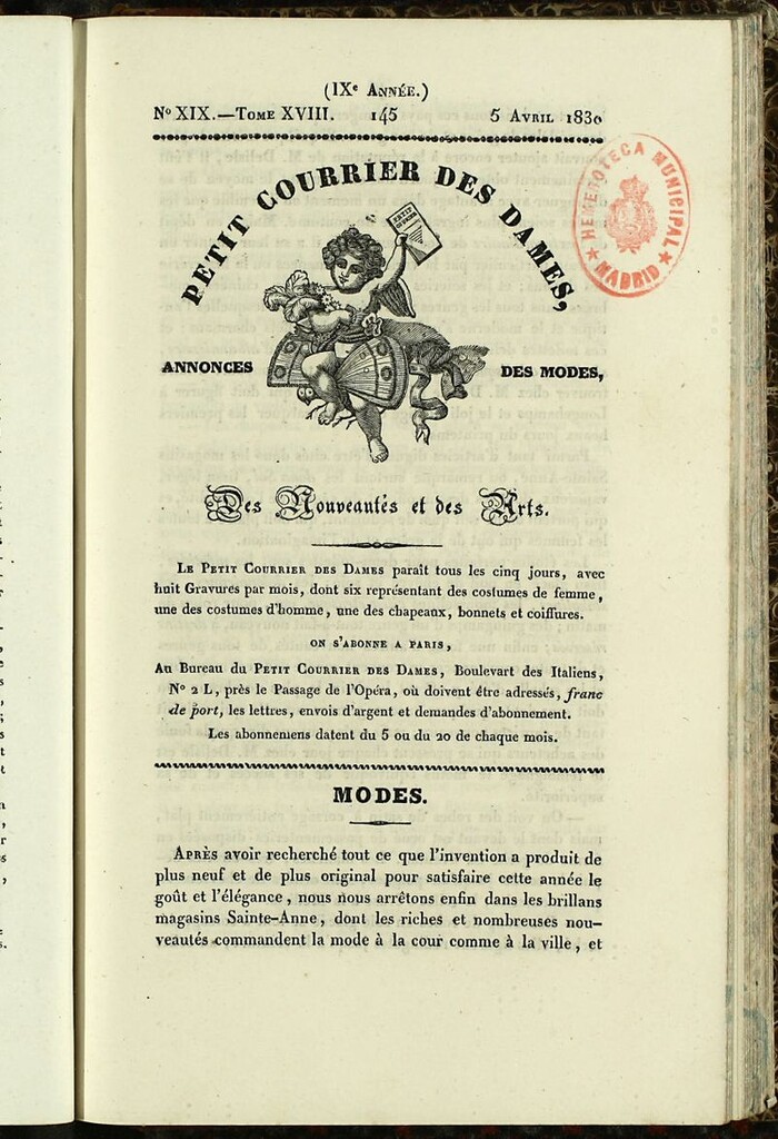 Miniatura de Petit Courrier des Dames : annonces des modes, des nouveautés et des arts del 5 de Abril de 1830
