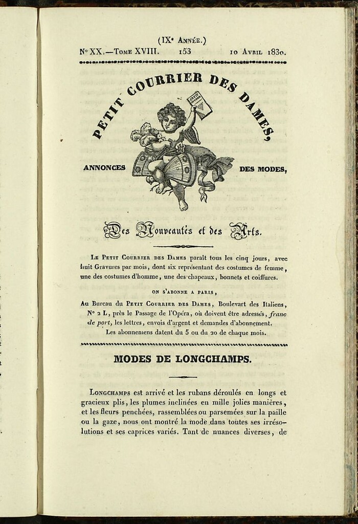 Miniatura de Petit Courrier des Dames : annonces des modes, des nouveautés et des arts del 10 de Abril de 1830