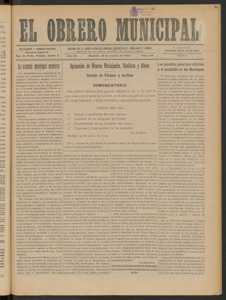 Miniatura de El Obrero Municipal : órgano de la Agrupación de Obreros Municipales, Similares y Afines del 31 de marzo de 1924