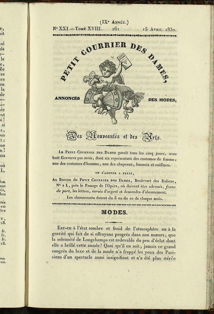 Miniatura de Petit Courrier des Dames : annonces des modes, des nouveautés et des arts del 15 de Abril de 1830
