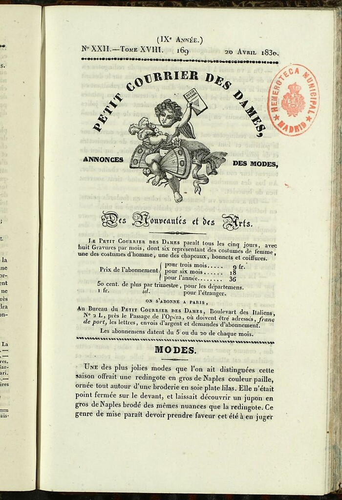 Miniatura de Petit Courrier des Dames : annonces des modes, des nouveautés et des arts del 20 de Abril de 1830