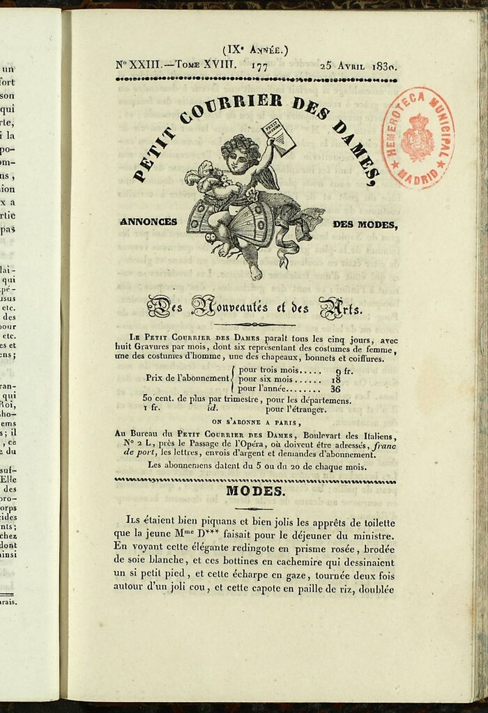 Miniatura de Petit Courrier des Dames : annonces des modes, des nouveautés et des arts del 25 de Abril de 1830