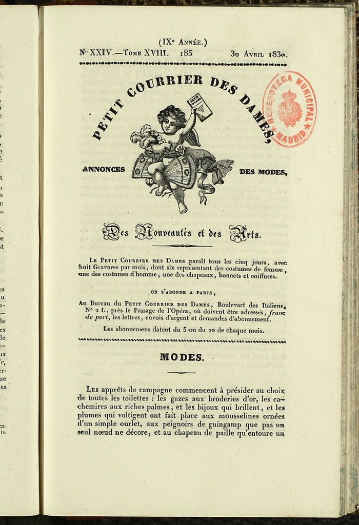 Miniatura de Petit Courrier des Dames : annonces des modes, des nouveautés et des arts del 30 de Abril de 1830