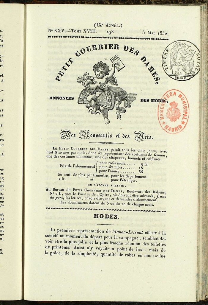 Miniatura de Petit Courrier des Dames : annonces des modes, des nouveautés et des arts del 5 de Mayo de 1830