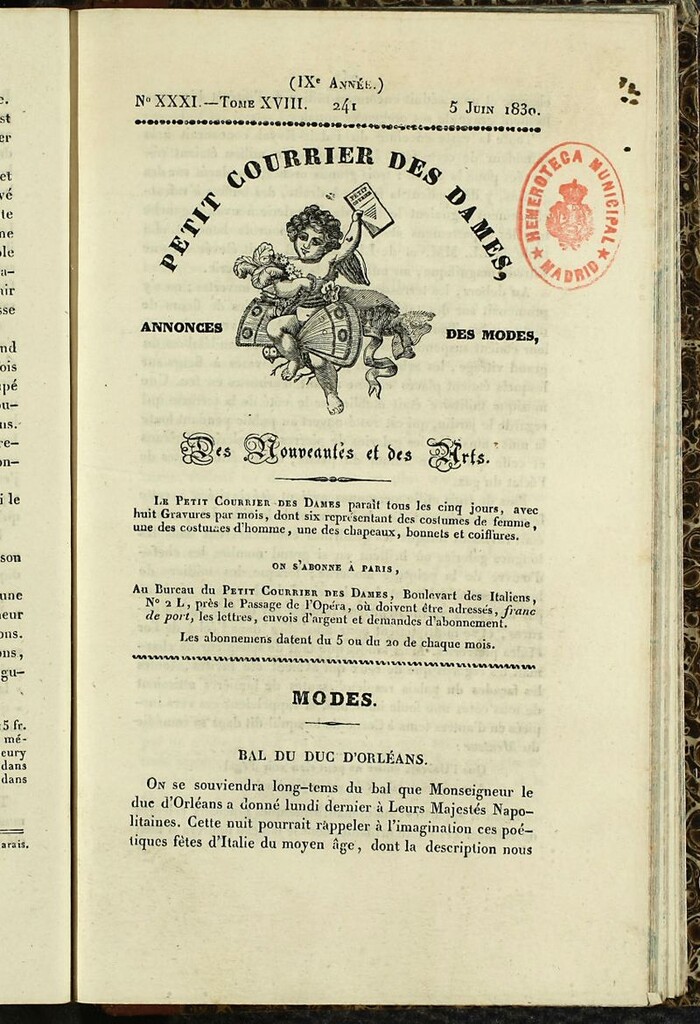 Miniatura de Petit Courrier des Dames : annonces des modes, des nouveautés et des arts del 5 de Junio de 1830