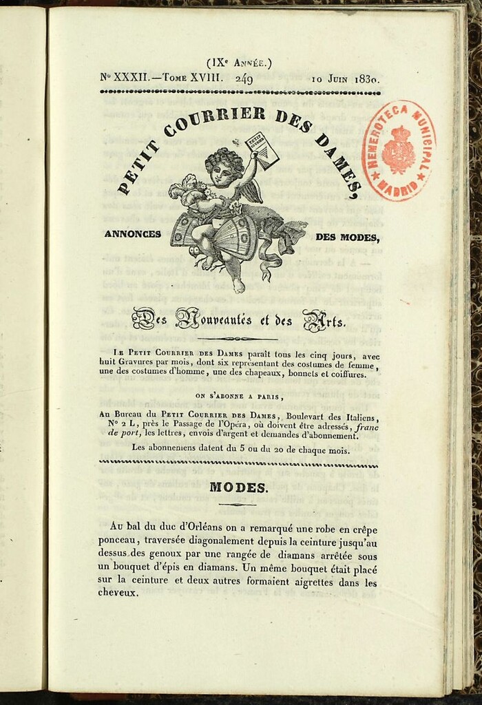 Miniatura de Petit Courrier des Dames : annonces des modes, des nouveautés et des arts del 10 de Junio de 1830