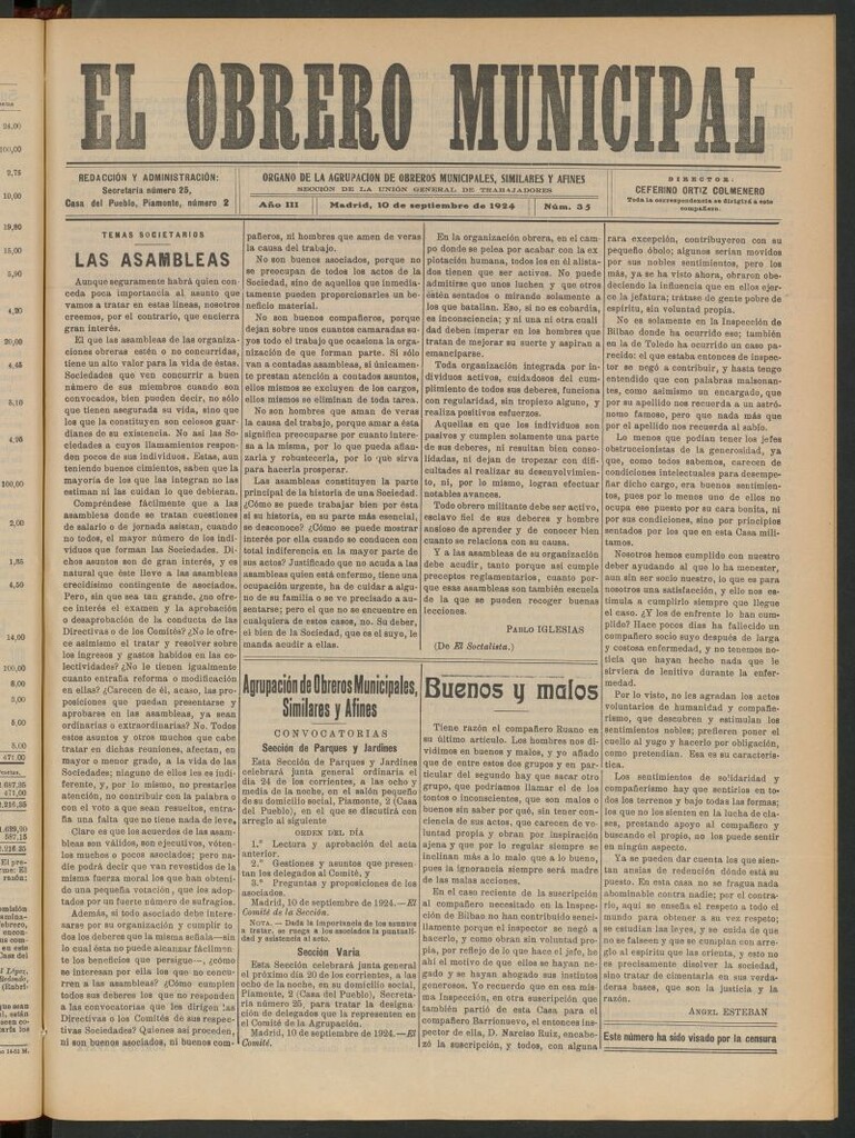 Miniatura de El Obrero Municipal : órgano de la Agrupación de Obreros Municipales, Similares y Afines del 10 de septiembre de 1924