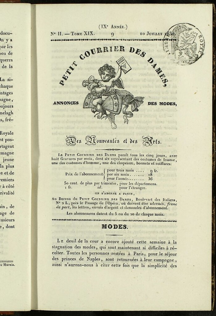 Miniatura de Petit Courrier des Dames : annonces des modes, des nouveautés et des arts del 10 de Julio de 1830