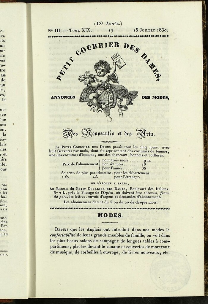 Miniatura de Petit Courrier des Dames : annonces des modes, des nouveautés et des arts del 15 de Julio de 1830