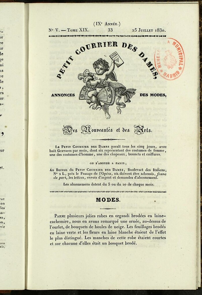 Miniatura de Petit Courrier des Dames : annonces des modes, des nouveautés et des arts del 25 de Julio de 1830