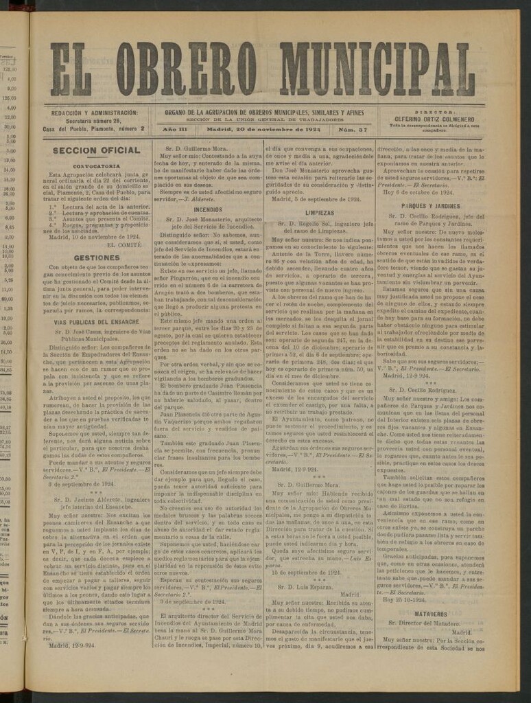 Miniatura de El Obrero Municipal : órgano de la Agrupación de Obreros Municipales, Similares y Afines del 20 de noviembre de 1924