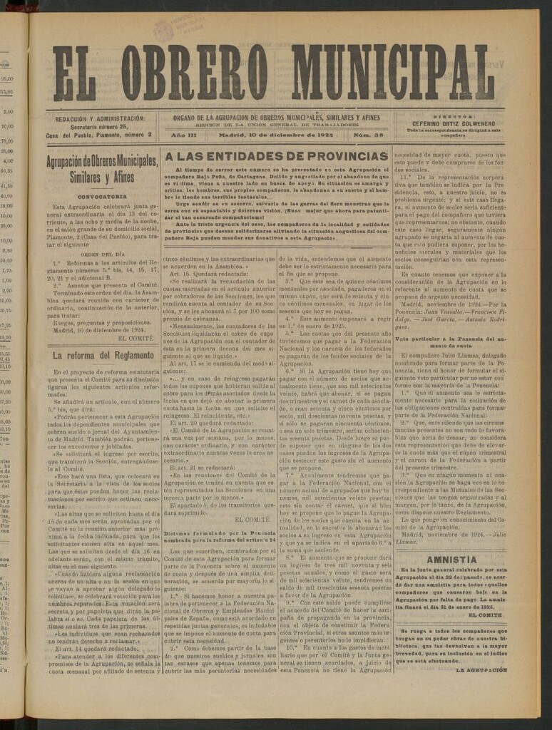 Miniatura de El Obrero Municipal : órgano de la Agrupación de Obreros Municipales, Similares y Afines del 10 de diciembre de 1924