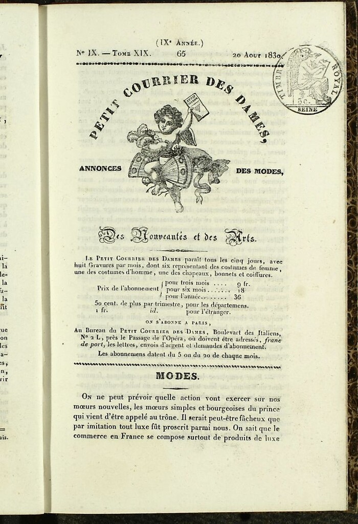 Miniatura de Petit Courrier des Dames : annonces des modes, des nouveautés et des arts del 20 de Agosto de 1830