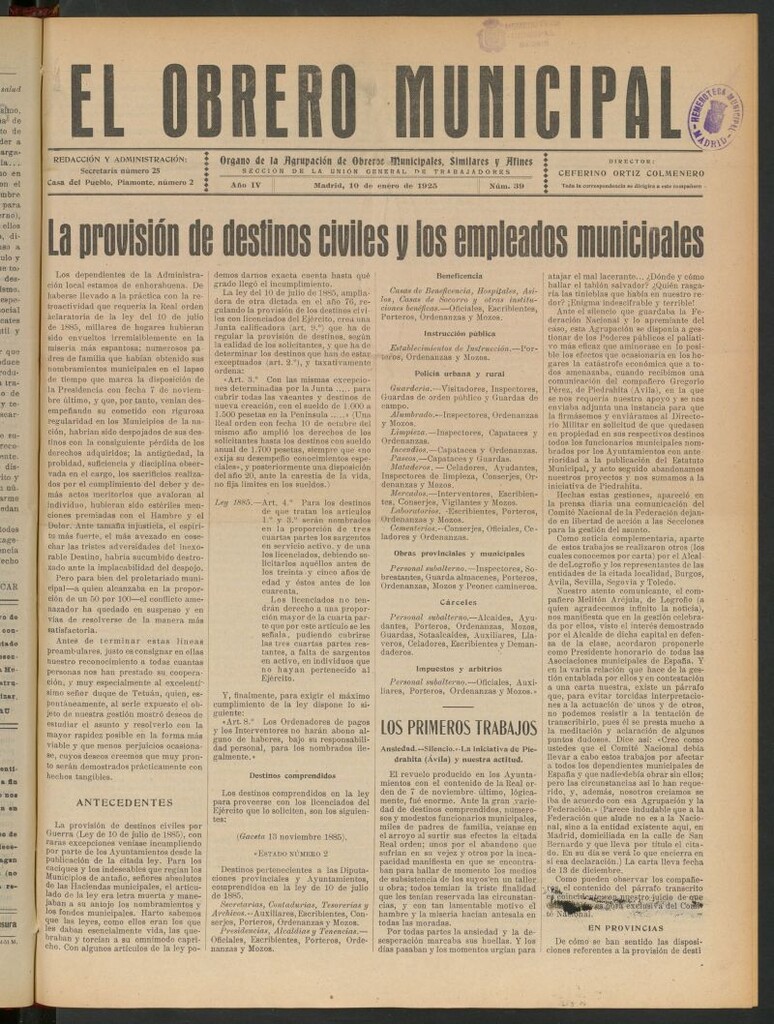 Miniatura de El Obrero Municipal : órgano de la Agrupación de Obreros Municipales, Similares y Afines del 10 de enero de 1925