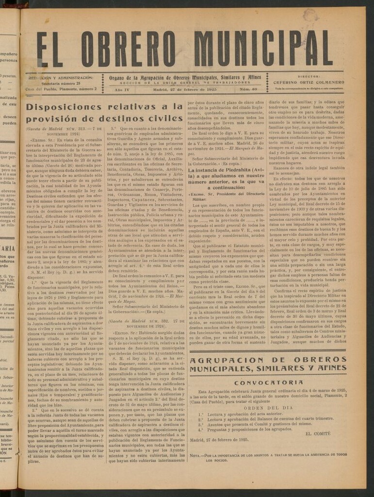 Miniatura de El Obrero Municipal : órgano de la Agrupación de Obreros Municipales, Similares y Afines del 27 de febrero de 1925
