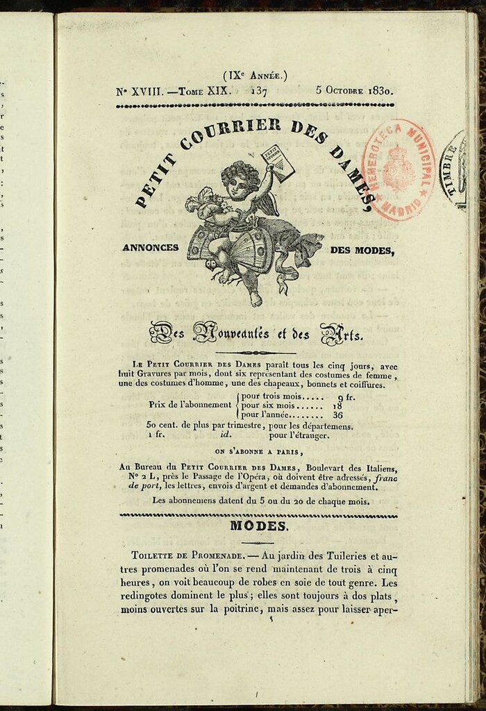 Miniatura de Petit Courrier des Dames : annonces des modes, des nouveautés et des arts del 5 de Octubre de 1830