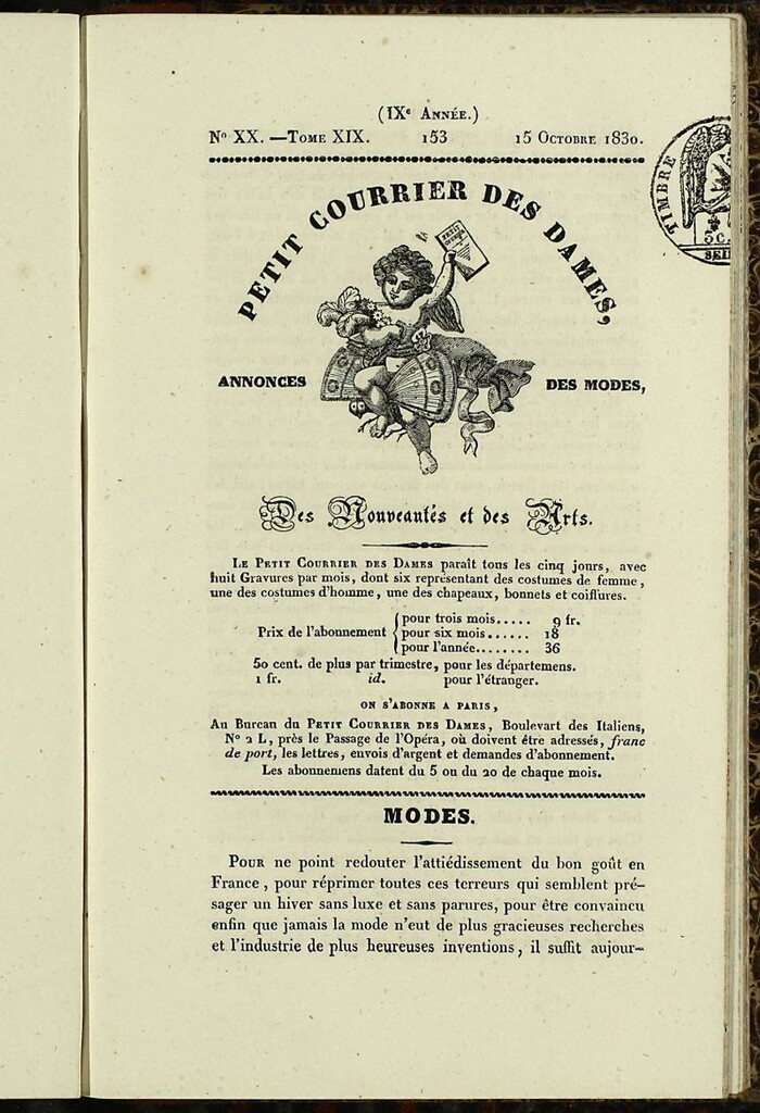 Miniatura de Petit Courrier des Dames : annonces des modes, des nouveautés et des arts del 15 de Octubre de 1830