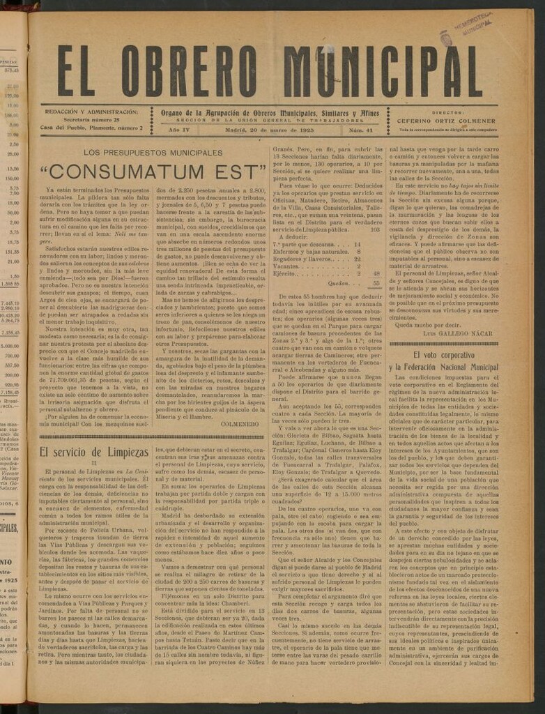Miniatura de El Obrero Municipal : órgano de la Agrupación de Obreros Municipales, Similares y Afines del 20 de marzo de 1925