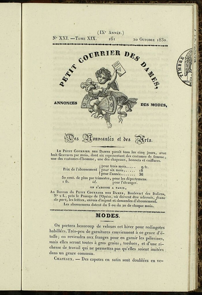 Miniatura de Petit Courrier des Dames : annonces des modes, des nouveautés et des arts del 20 de Octubre de 1830