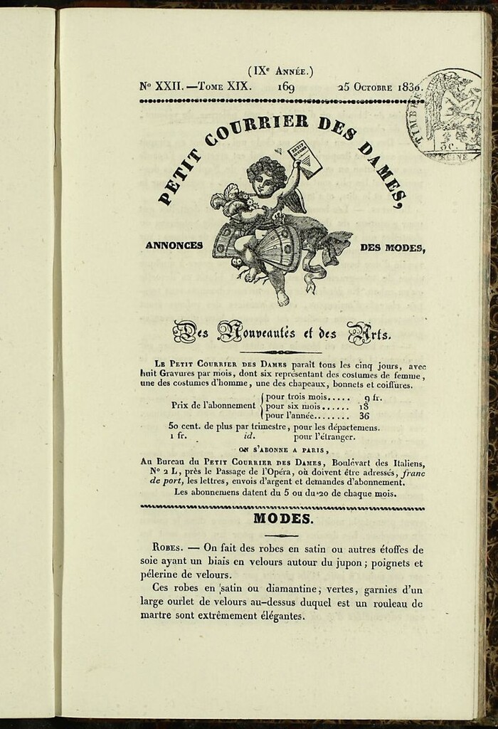 Miniatura de Petit Courrier des Dames : annonces des modes, des nouveautés et des arts del 25 de Octubre de 1830