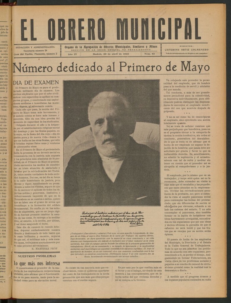 Miniatura de El Obrero Municipal : órgano de la Agrupación de Obreros Municipales, Similares y Afines del 29 de abril de 1925