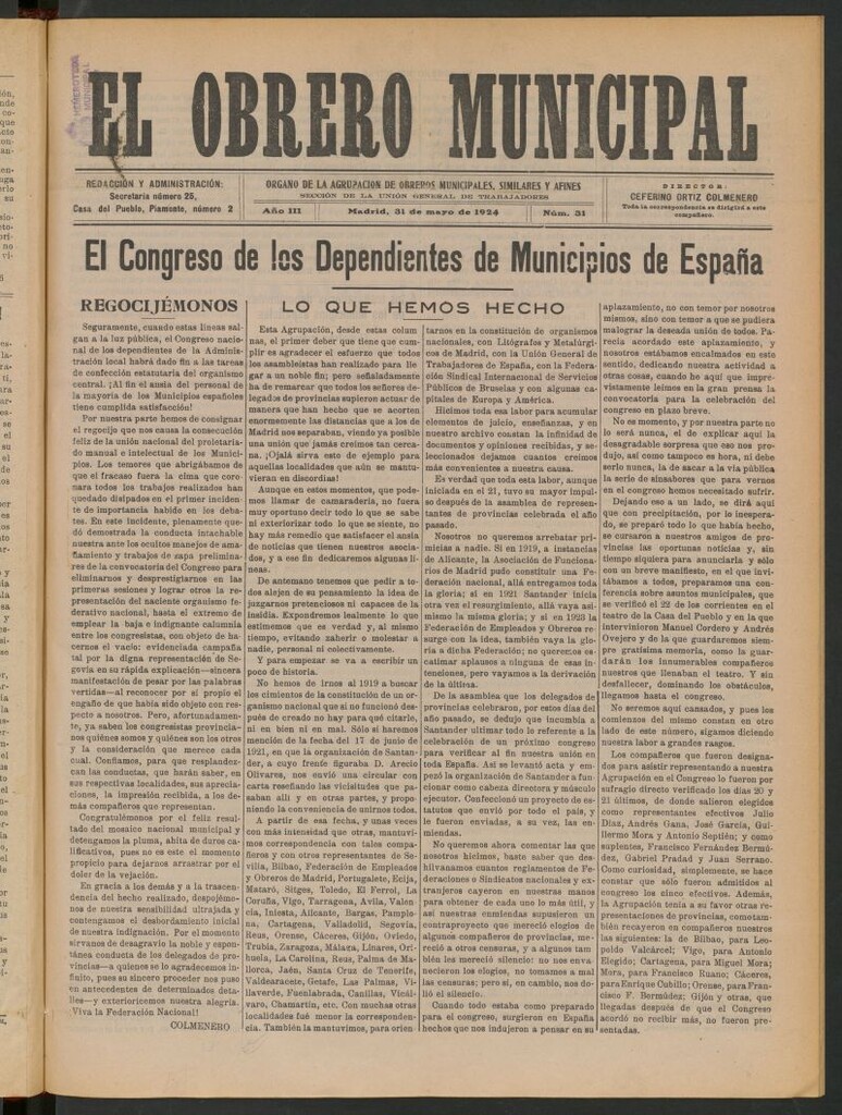 Miniatura de El Obrero Municipal : órgano de la Agrupación de Obreros Municipales, Similares y Afines del 31 de mayo de 1924