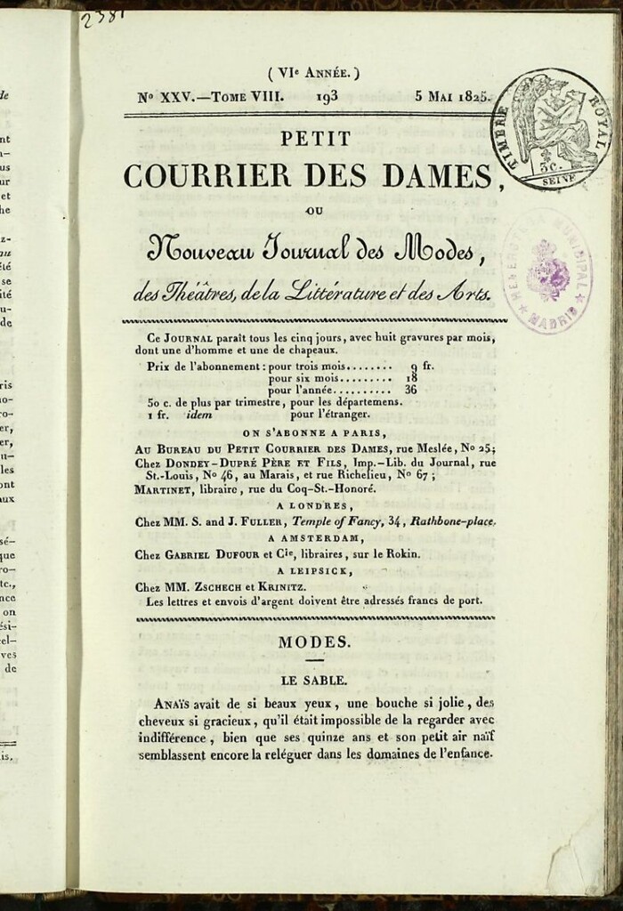 Miniatura de Petit Courrier des Dames : annonces des modes, des nouveautés et des arts del 5 de Mayo de 1825
