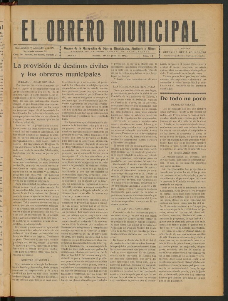 Miniatura de El Obrero Municipal : órgano de la Agrupación de Obreros Municipales, Similares y Afines del 30 de julio de 1925