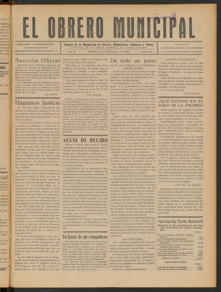 Miniatura de El Obrero Municipal : órgano de la Agrupación de Obreros Municipales, Similares y Afines del 20 de septiembre de 1925