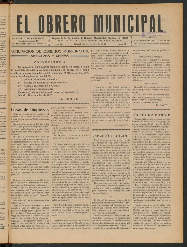 Miniatura de El Obrero Municipal : órgano de la Agrupación de Obreros Municipales, Similares y Afines del 30 de octubre de 1925