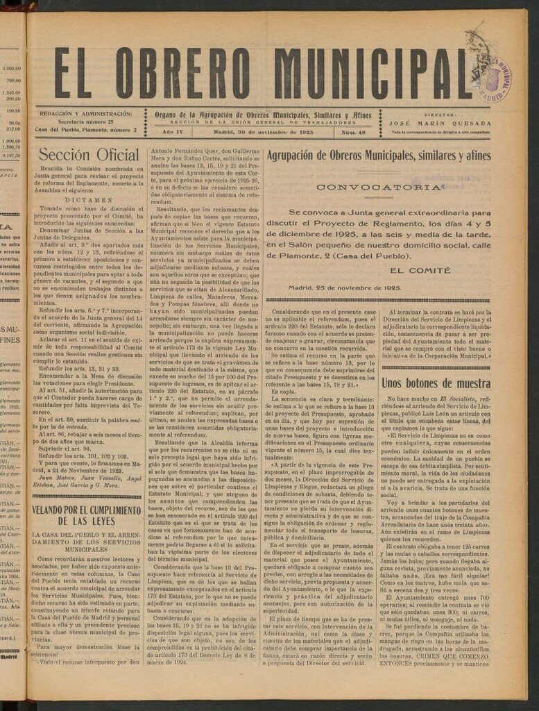 Miniatura de El Obrero Municipal : órgano de la Agrupación de Obreros Municipales, Similares y Afines de noviembre de 1925