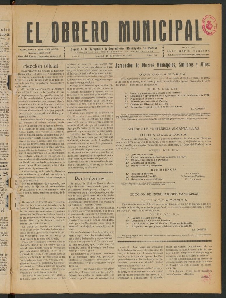 Miniatura de El Obrero Municipal : órgano de la Agrupación de Obreros Municipales, Similares y Afines del 25 de febrero de 1926