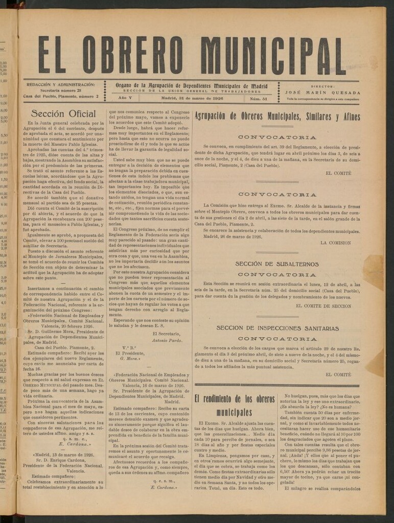 Miniatura de El Obrero Municipal : órgano de la Agrupación de Obreros Municipales, Similares y Afines del 31 de marzo de 1926