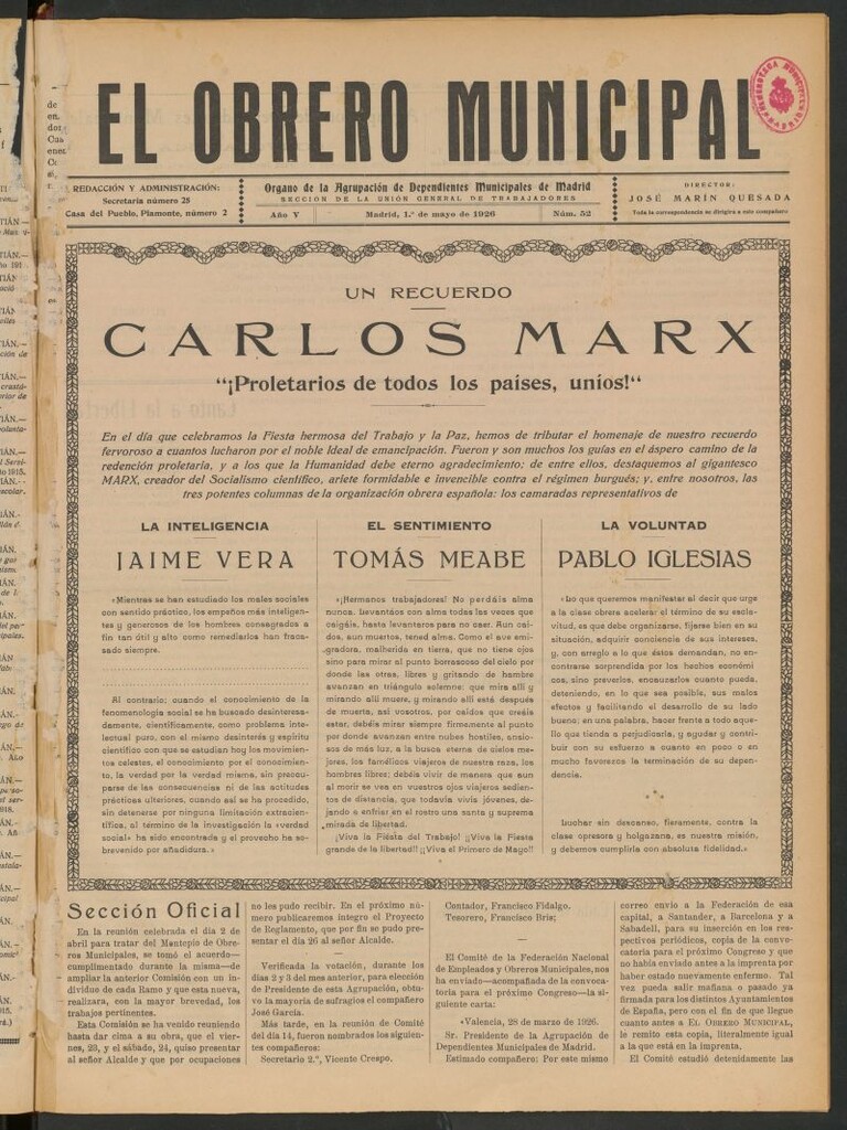 Miniatura de El Obrero Municipal : órgano de la Agrupación de Obreros Municipales, Similares y Afines del 1 de mayo de 1926