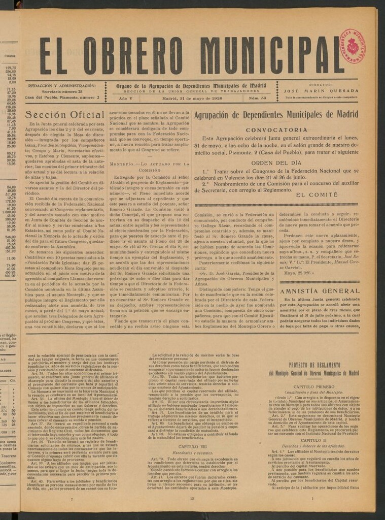 Miniatura de El Obrero Municipal : órgano de la Agrupación de Obreros Municipales, Similares y Afines del 31 de mayo de 1926