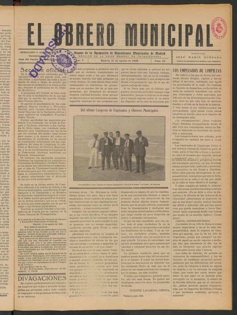 Miniatura de El Obrero Municipal : órgano de la Agrupación de Obreros Municipales, Similares y Afines del 17 de agosto de 1926