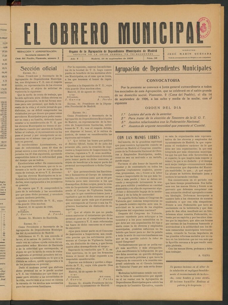 Miniatura de El Obrero Municipal : órgano de la Agrupación de Obreros Municipales, Similares y Afines del 10 de septiembre de 1926