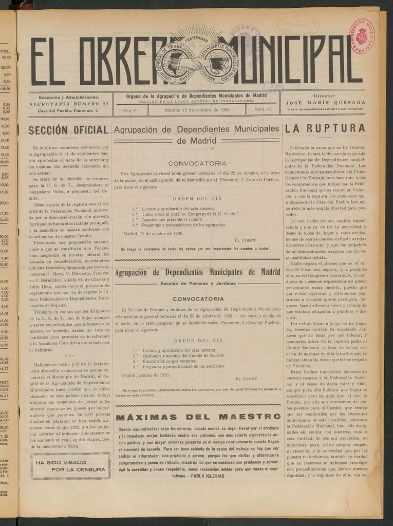 Miniatura de El Obrero Municipal : órgano de la Agrupación de Obreros Municipales, Similares y Afines del 15 de octubre de 1926