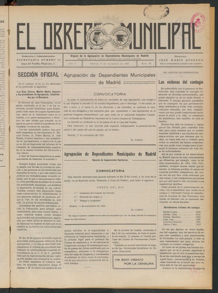 Miniatura de El Obrero Municipal : órgano de la Agrupación de Obreros Municipales, Similares y Afines del 15 de noviembre de 1926