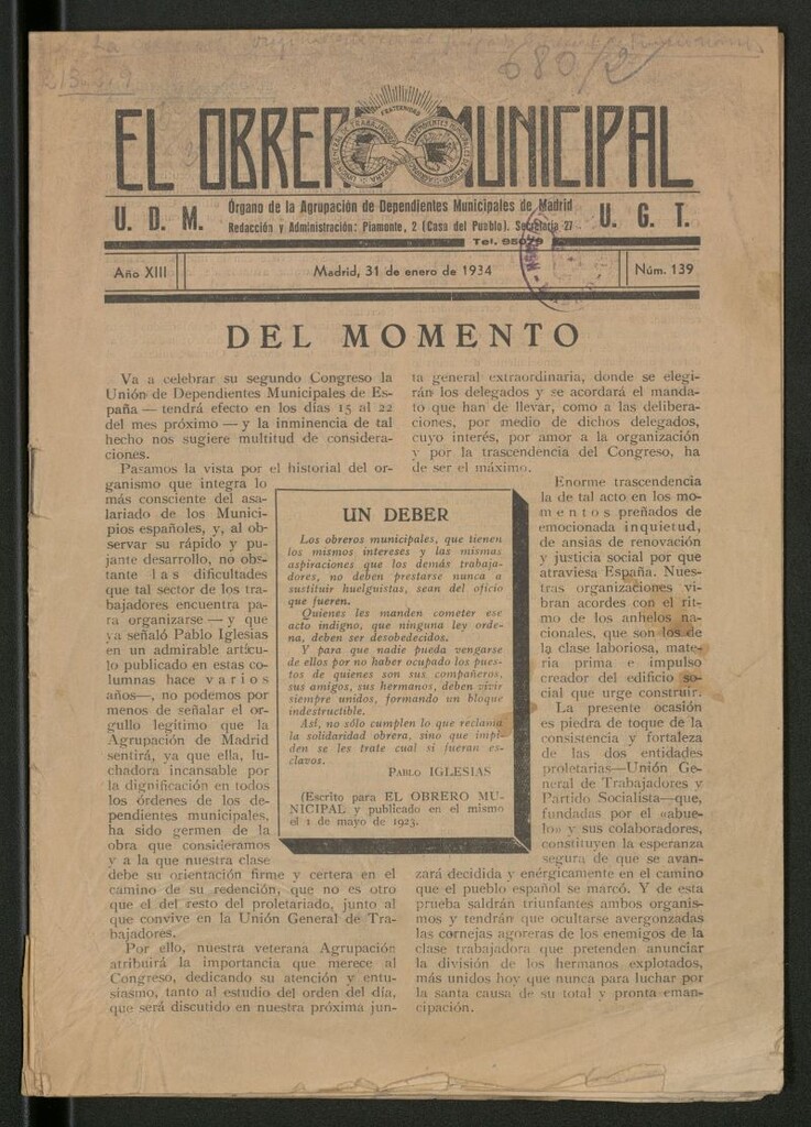 Miniatura de El Obrero Municipal : órgano de la Agrupación de Obreros Municipales, Similares y Afines del 31 de enero de 1934