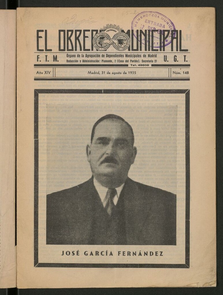 Miniatura de El Obrero Municipal : órgano de la Agrupación de Obreros Municipales, Similares y Afines del 31 de agosto de 1935