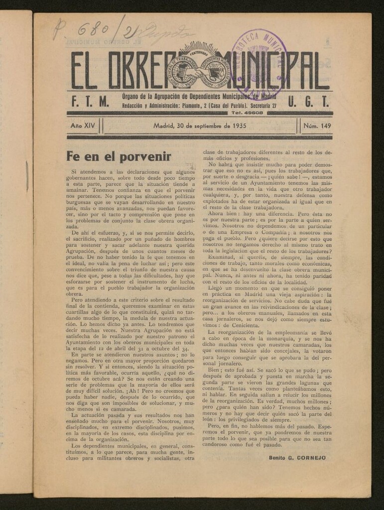 Miniatura de El Obrero Municipal : órgano de la Agrupación de Obreros Municipales, Similares y Afines del 30 de septiembre de 1935