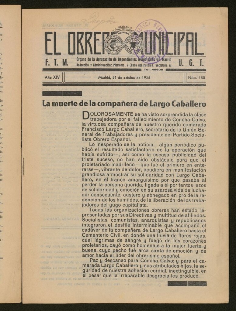 Miniatura de El Obrero Municipal : órgano de la Agrupación de Obreros Municipales, Similares y Afines del 31 de octubre de 1935