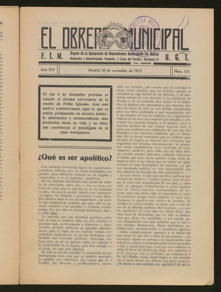 Miniatura de El Obrero Municipal : órgano de la Agrupación de Obreros Municipales, Similares y Afines del 30 de noviembre de 1935