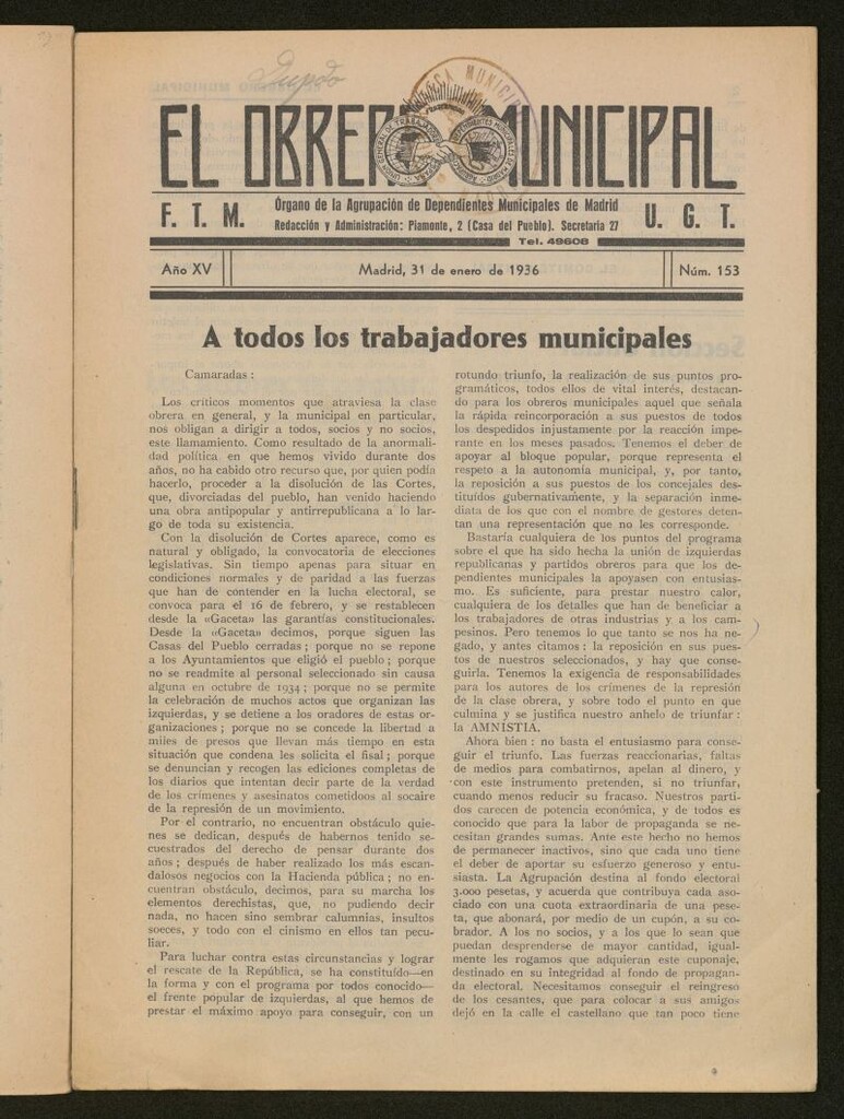 Miniatura de El Obrero Municipal : órgano de la Agrupación de Obreros Municipales, Similares y Afines del 31 de enero de 1936